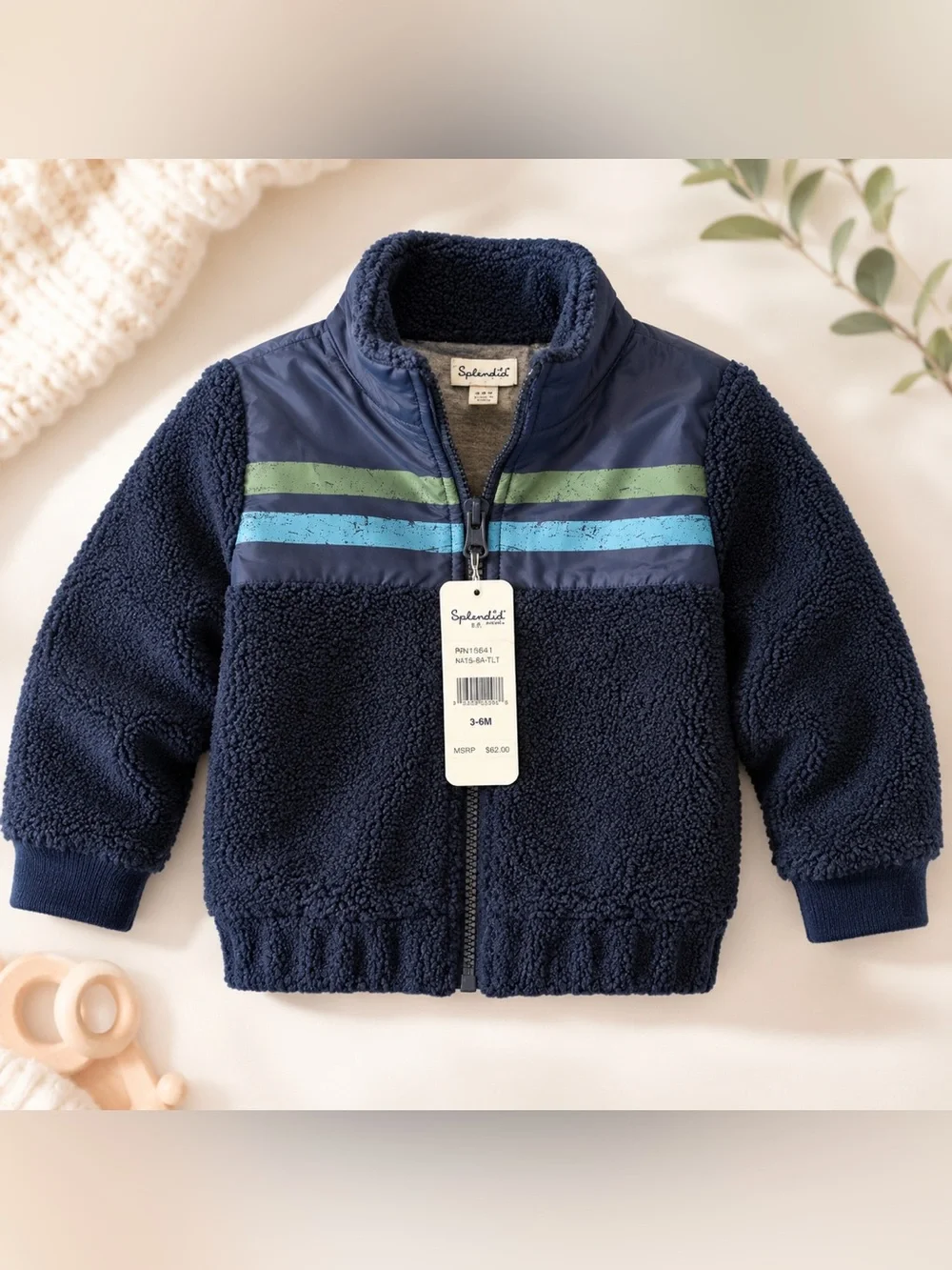 NWT Splendid Baby Boys Racing Stripe Sherpa Jacket Navy 3-6M